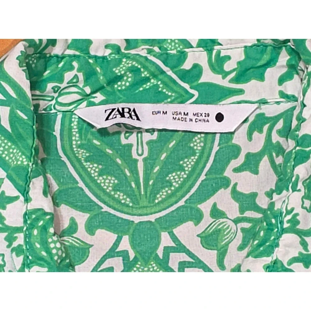 Zara Green White Damask Paisley Print Mini Shirt Dress Braided Belt Womens Sz M - Picture 5 of 8